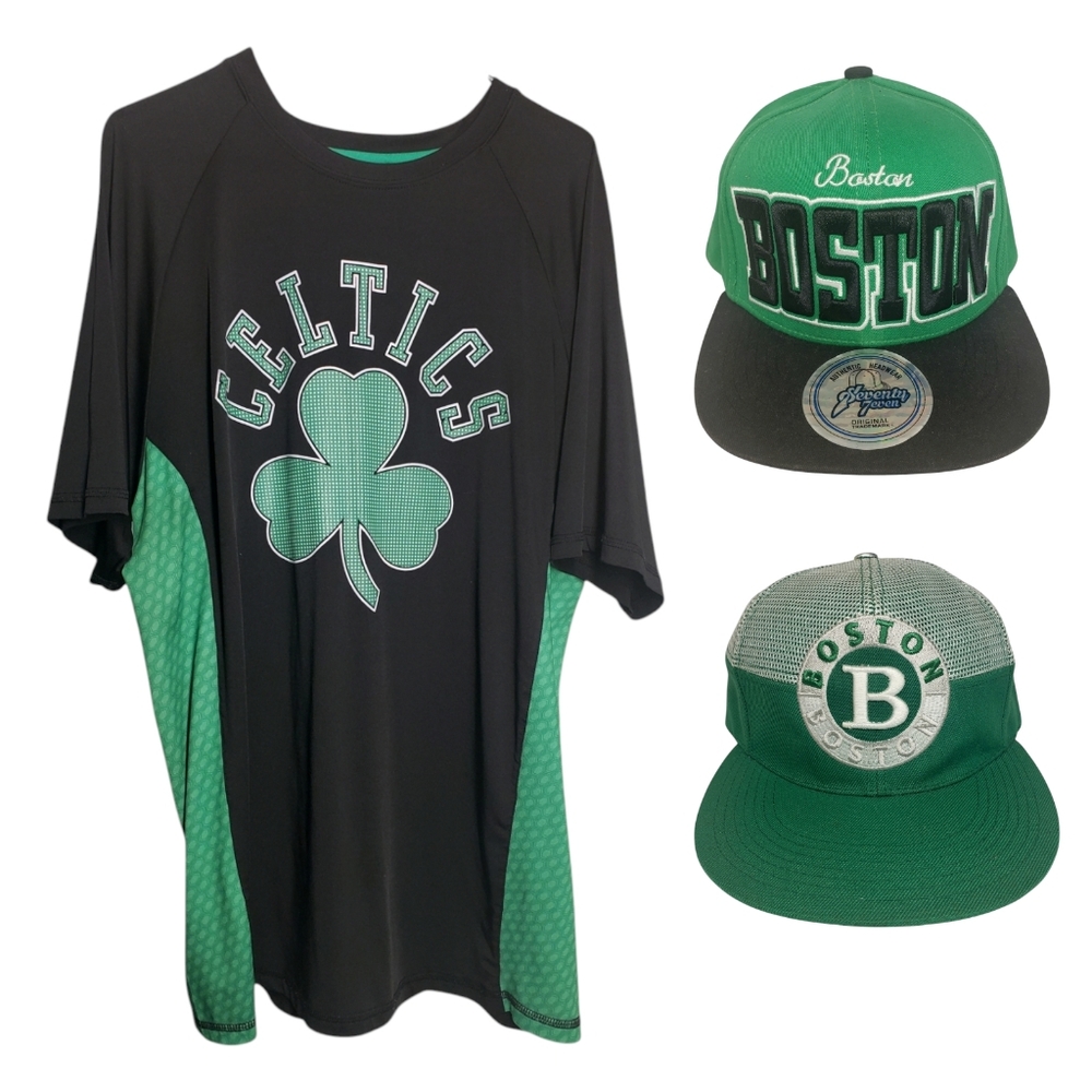Celtics Unk NBA Men T-Shirt Color Black Size Large & 2 Celtic Snap Back Hats Cap